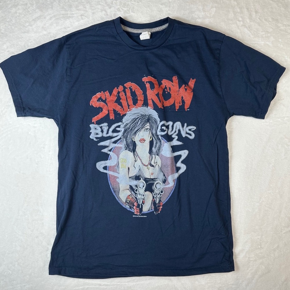 Skid Row Big Guns Graphic T-Shirt Navy Blue Mens Large 80s Hard Rock Band Tee